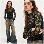 Free People  Intimately Floral Mesh Velvet Mix Top Sheer Holiday Holly sz S Photo 1