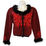 BEREK Vintage Button Down Faux Fur Trim Red Beaded Sweater Size S Photo 0