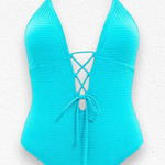 Lucky Brand Teal Golden Wave Lace-Up Deep V-Neck One Piece Swimsuit Size Medium Photo 0