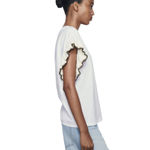 ZARA Trimmed T-Shirt White Top Gold Black Knit Cap Sleeve Ruffle Crew Neck Small Photo 5