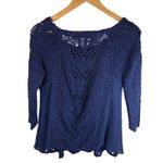 Anthro Knitted & Knotted Open Knit Navy Blue Crochet Sheer Panel Cozy Sweater M Size M Photo 5