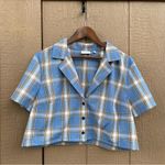 Sunday Best Womens Shirt Blouse Blue Plaid Cropped Button Front Size XL Photo 2