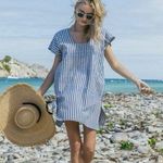 Tuckernuck Sullivan Mini Blue Stripe Embroidered Canvas Caftan Dress Photo 3