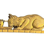 Vintage Gold Tone Brooch Pin Mother Cat Kitten Eating Bowl Estate 3.5" NWOT Photo 0