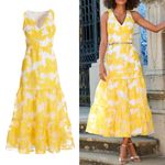 Boston Proper Yellow Floral Midi Dress Size 12 Metallic Jacquard Tiered V-Neck Photo 1
