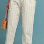 Anthropologie Oasis Pants Belted High-Rise Striped Crop Linen Pink White Size 2 Photo 0