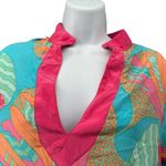 Anthropologie Britt Ryan Mini Dress Silk Blend Bright Pink Blue Tropical V-Neck Beach Medium Photo 4