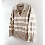 Zesica Long Sleeve V Neck Striped Polo Pullover Sweater Tan White Small Photo 5