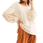 Free People  Jade Top Scoop Neck Long Balloon Sleeve Peasant Blouse Ivory Small Photo 3