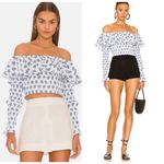 NWT Caroline Constas Lydia Blue Toile Off the‎ Shoulder Top Sz XXS $395 White Photo 1