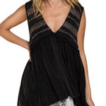 POL Washed Black Ultra-soft Boho Baby Doll Deep V Neck Lace Detail High Low Top Photo 0