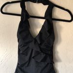 White House | Black Market NWT WHBM Ruffled Neckline Halter One Piece Swimsuit in Black Photo 4
