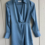 Aritzia Babaton Larchmont Long Sleeve Satin Mini Wrap Dress Baby Blue Size XS Photo 0