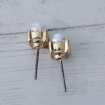 Vintage Stud Earrings Faux Pearl with Square Gold Tone Halo Photo 6