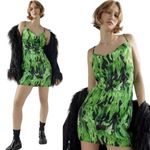 Urban Outfitters Mini Slip Dress Spaghetti Strap Cowl Neck Black Green Flames L Photo 1