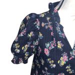 Loft Navy Blue Floral V neck Short Sleeve Blouse Puff Sleeves Photo 3