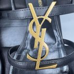 Saint Laurent CASSANDRA LEATHER WITH GOLD EMBLEM HARDWARE IN BLACK SANDALS. Photo 3