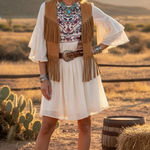 Umgee ‎ Boho Bliss Floral Embroidered Mini Dress - Ivory, Bell Sleeves, Size M Photo 0