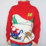 Vintage 90s Santa Claus Rudolph Red Turtleneck Sweater Size M Photo 1
