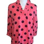 Crown & Ivy Coral Black Polka Dot V-Neck Top XS Ruffle Neck Business Casual EUC Photo 0
