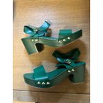 Charles and Keith Green Platform Block Heel Gold Studded Clogs Vegan Leather Size Photo 1