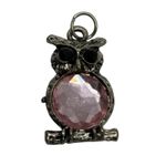 Owl Charm Pendant Pink Rhinestone Silver Tone Animal Jewelry Black Onyx Eyes Photo 3