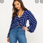 Free People ‎ Medium Blue Stripe Samifran Ruffle Tie Front Cropped Top Blouse Photo 0