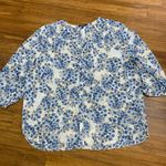 NYDJ Womens Blouse Size XL Cream Blue Floral V-Neck 3/4 Sleeve Button Front Top Photo 0