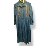 Erika Vintage Cottagecore Denim Embroidered Prairie Dress Size Medium Back Tie Bird Photo 13