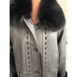 Vintage High End Black Leather Long Coat Real Fox Collar & Wrist Women Med Photo 2
