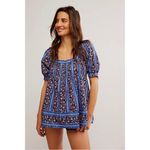 Free People  Retro 70s Bohemian Vintage Lover Blouse Dutch Blue Combo Medium Photo 7