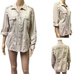 Sonoma Cotton  Khaki Metal Button Up Snap Pocket Button Tab Long Sleeve Shirt L Photo 1