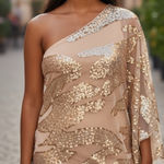 Bebe  One Shoulder Rose Gold Sequined Overlay Dress Photo 0
