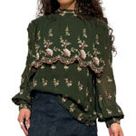 ZARA NWOT  Prairie Cottagecore
Green Floral Embroidered Sheer
Blouse L Photo 0