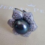 Jersey Pearl Iridescent Dark Pearl Silver Tone Metal Flower Adjustable Ring Photo 3