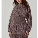 ASTR ππ Mock Neck Smocked Waist Maxi Dress ~ Brown & Purple Ditsy Floral M NWT Photo 3