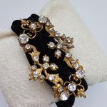Gold Tone Flower Rhinestone Bracelet On A Velvet Black Cuff Photo 1