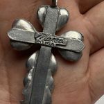 MARCIE USA Flower Pewter Cross Pendant With Pearl Necklace Vintage Silver Photo 6