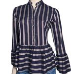 Le Sarte Pettegole Women’s Size 40 S Navy Blue Striped Peplum Button Down Shirt Photo 2