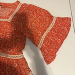 Free People XS Orange Boho Print Tunic Top Blouse W Ivory Crochet Trim Tiered Photo 9