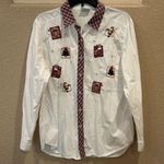 Vintage Bobbie Brooks Christmas Holiday Festive White Oxford Button Down Shirt Size M Photo 0