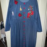 Mosaic Embroidered Denim holiday Dress with Red Buttons Blue Size 16 Photo 0