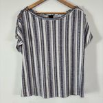 W5  Navy/White Striped Rayon Button Sleeve Blouse Top Size L Photo 0
