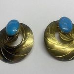 Pretty Gold Tone Brass Blue Stone Large Oversized Statement Clip On Earrings Photo 0