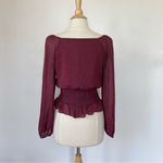 DR2 Brand Maroon Textured Smocked Long Sleeve V-Neck Blouse Photo 8