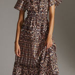 Anthropologie NWT Maeve Somerset Maxi in Orange Navy Print Cotton Dress L Photo 0