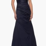 La Femme Off the Shoulder Beaded Satin Trumpet Gown in Color Navy in Size 6 NWOT Photo 0