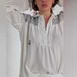 Laurence Bras Cotton Nord Blue Smocked Embroidered Blouse Small White Navy Boho Photo 2