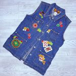 Vintage baccini denim cotton jean vest with casino Vegas gambling appliqués med Blue Photo 0