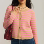 Anthropologie NVLT Striped Cardigan Sweater Lady Jacket Pink Tan Large Preppy Photo 0